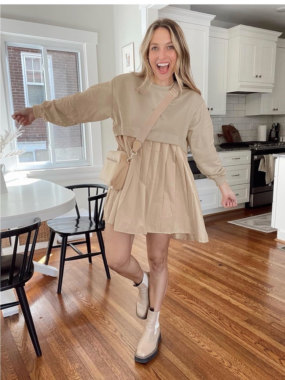Casual Pleated Beige Long-Sleeve Sweatshirt Dress- Bag not Included